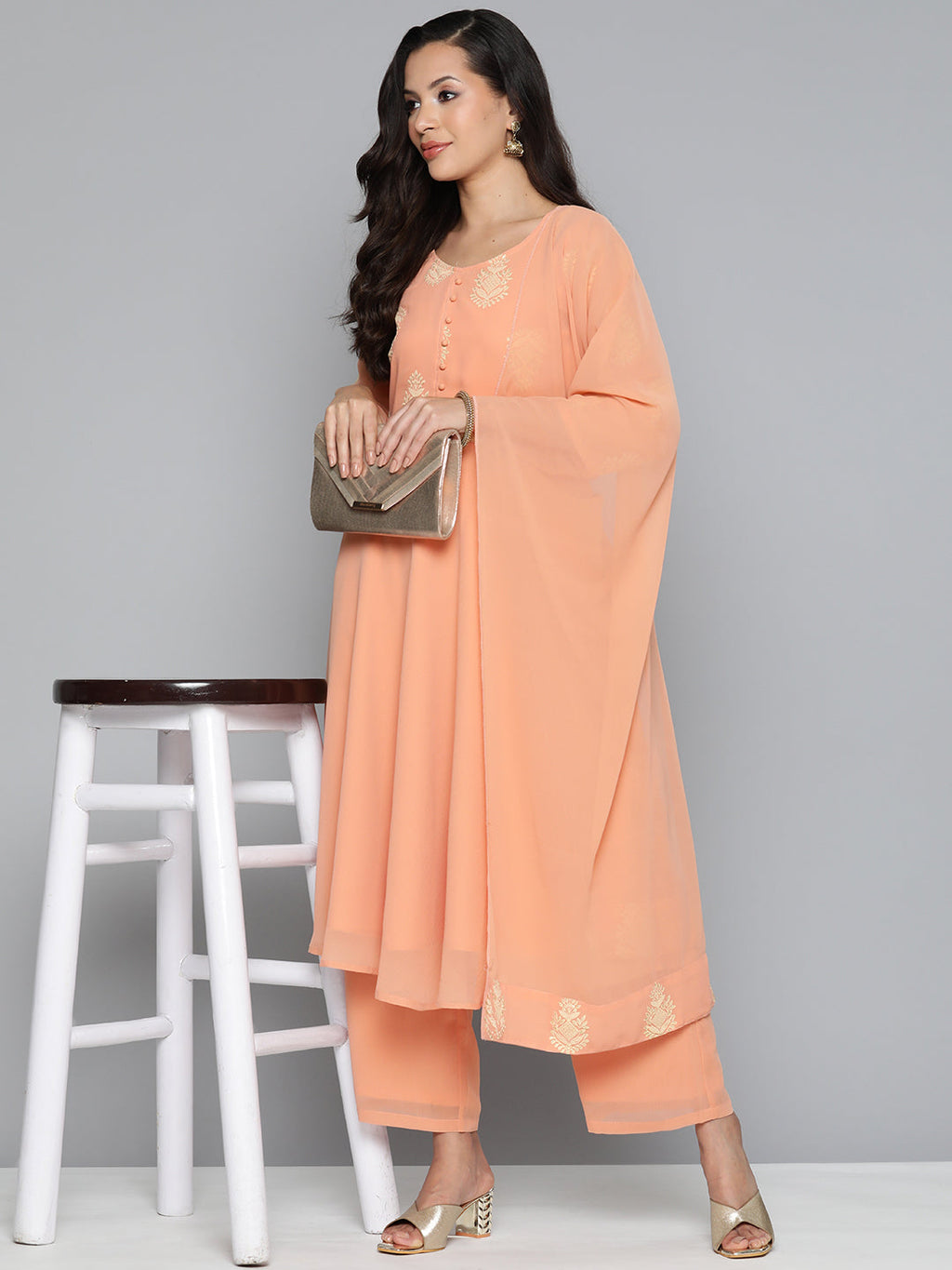 Jompers Women's Ethnic Motifs Peach Printed Georgette Kurta with Palazzos & With Dupatta