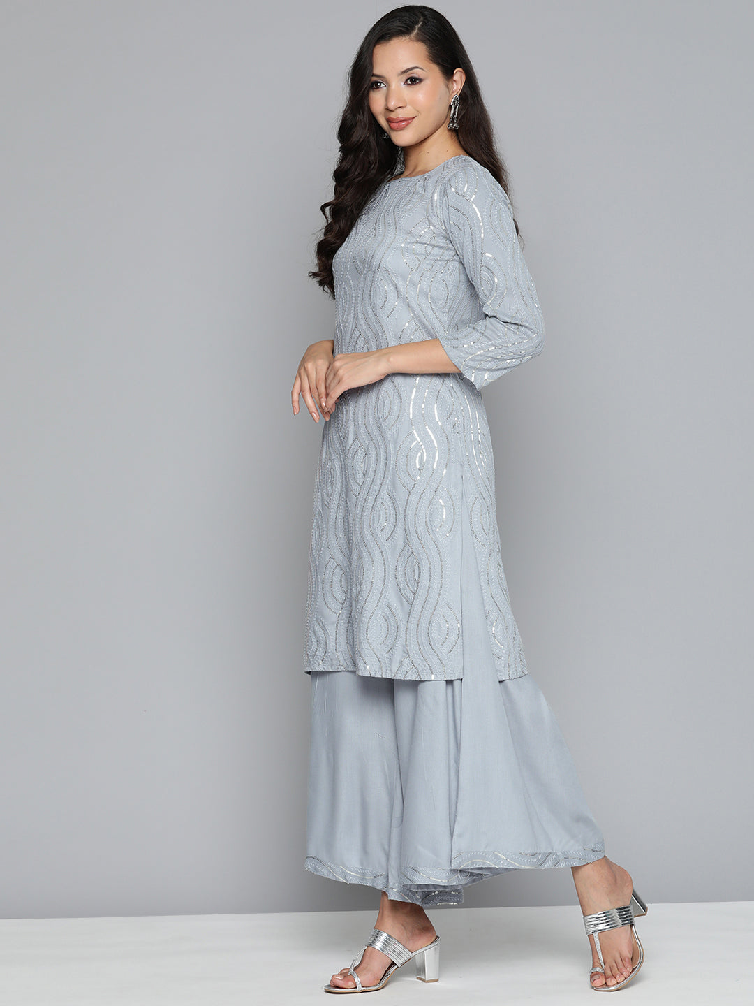 Jompers Women's Leheriya Sequinned Kurta with Palazzos & With Dupatta
