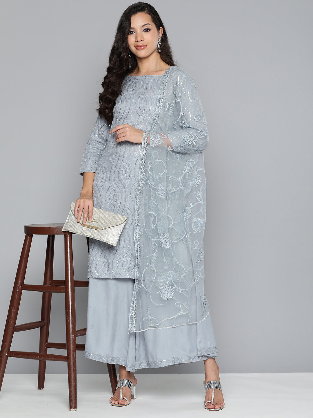 Jompers Women's Leheriya Sequinned Kurta with Palazzos & With Dupatta