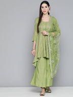 Jompers Women's Green Sequinned Kurta with Palazzos & With Dupatta