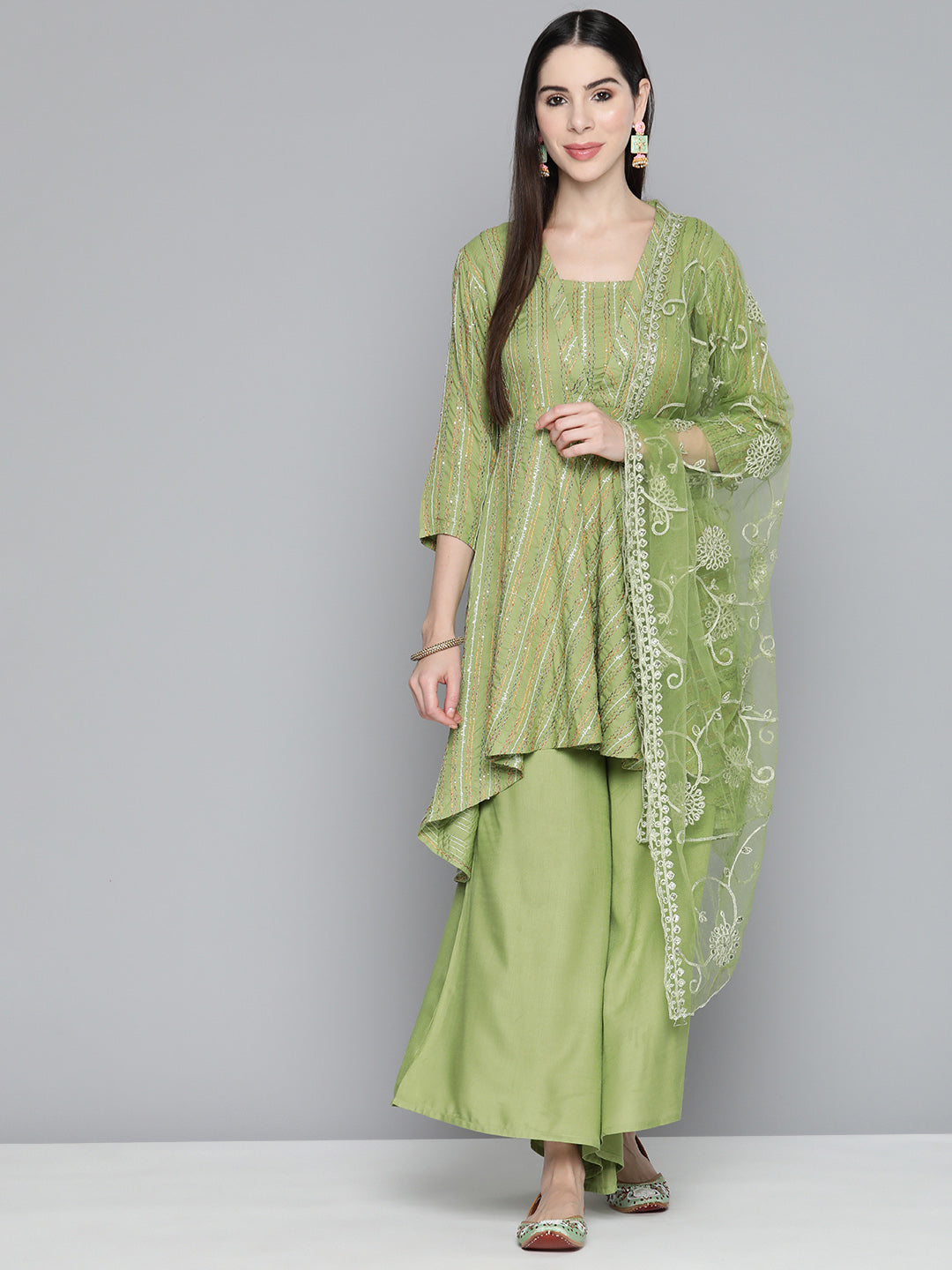 Jompers Women's Green Sequinned Kurta with Palazzos & With Dupatta