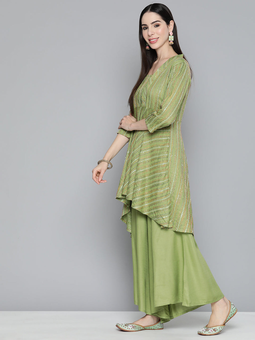Jompers Women's Green Sequinned Kurta with Palazzos & With Dupatta