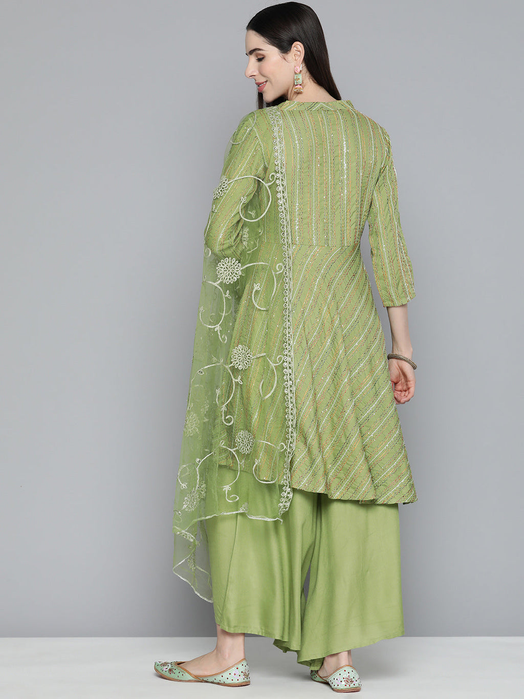 Jompers Women's Green Sequinned Kurta with Palazzos & With Dupatta