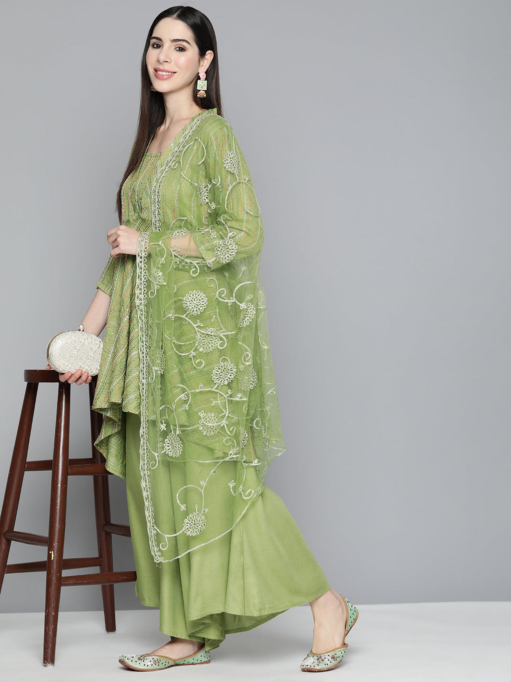 Jompers Women's Green Sequinned Kurta with Palazzos & With Dupatta