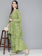 Jompers Women's Green Sequinned Kurta with Palazzos & With Dupatta