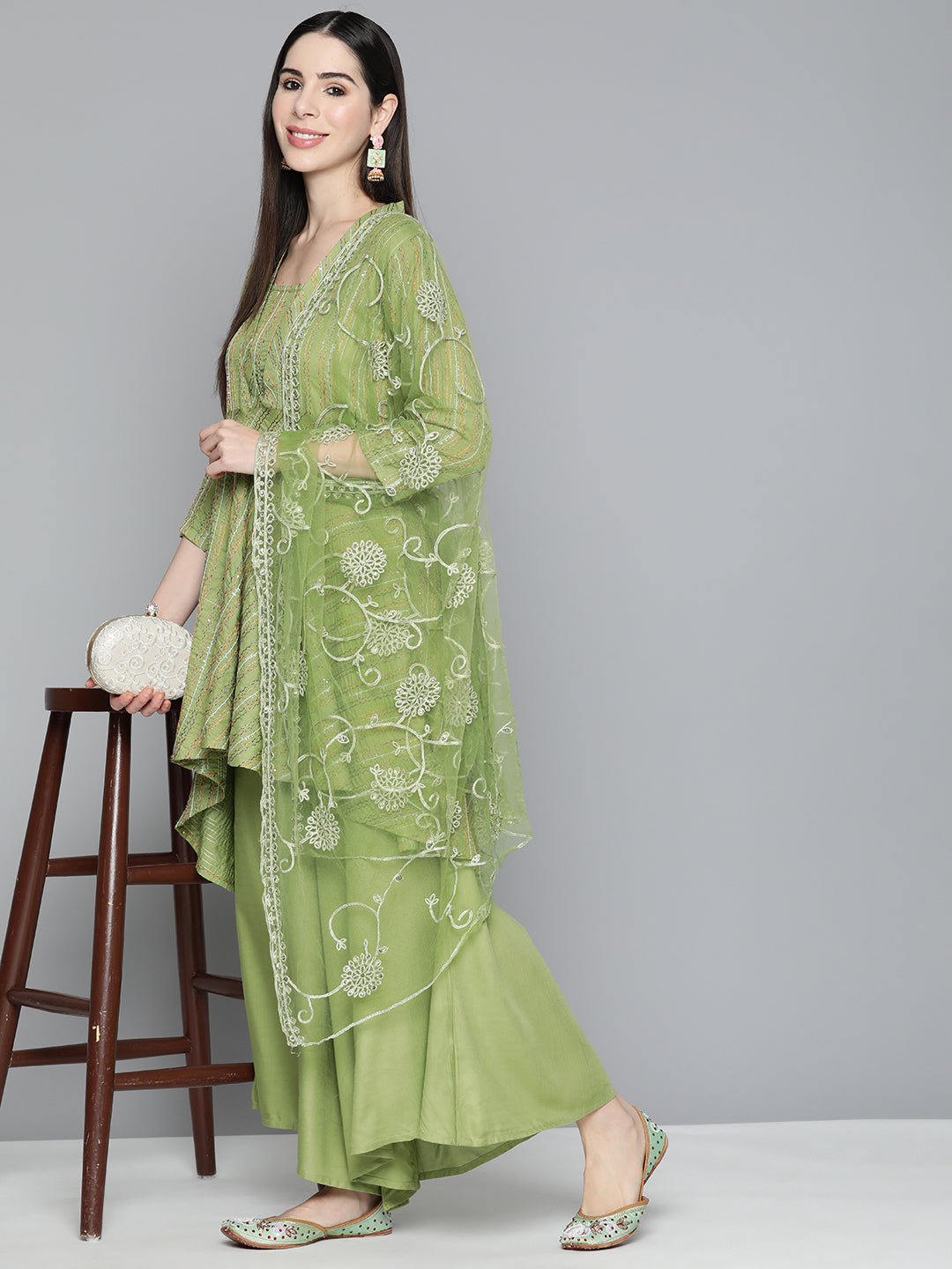Jompers Women's Green Sequinned Kurta with Palazzos & With Dupatta