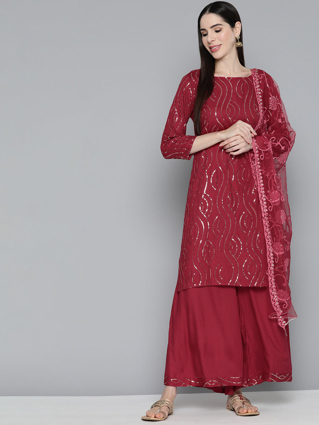 Jompers Women's Maroon Leheriya Sequinned Kurta with Palazzos & With Dupatta