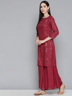 Jompers Women's Maroon Leheriya Sequinned Kurta with Palazzos & With Dupatta