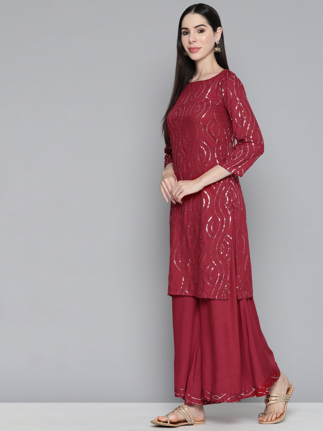 Jompers Women's Maroon Leheriya Sequinned Kurta with Palazzos & With Dupatta