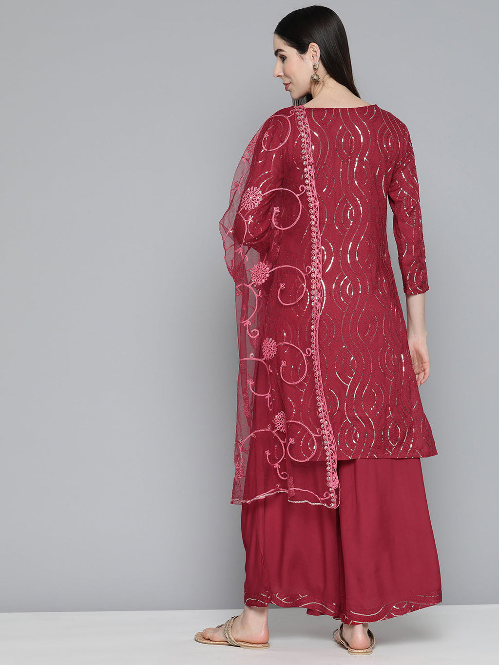 Jompers Women's Maroon Leheriya Sequinned Kurta with Palazzos & With Dupatta