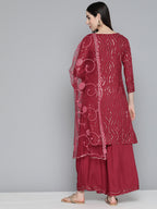 Jompers Women's Maroon Leheriya Sequinned Kurta with Palazzos & With Dupatta