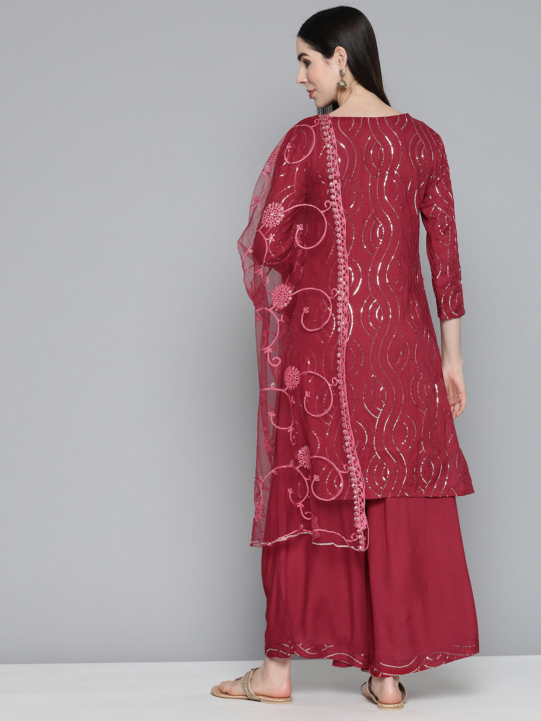 Jompers Women's Maroon Leheriya Sequinned Kurta with Palazzos & With Dupatta