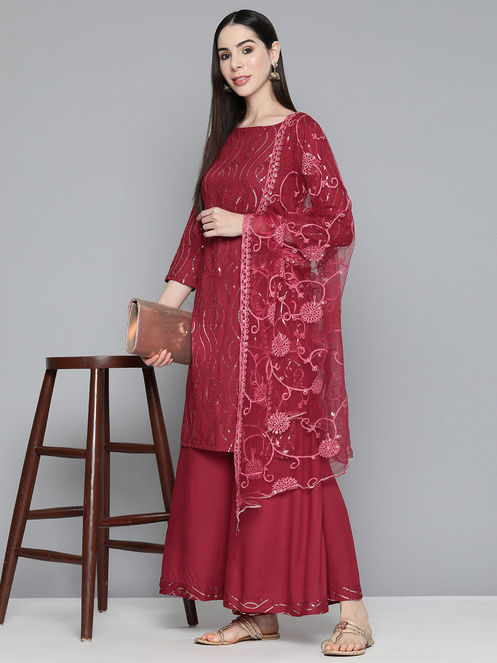 Jompers Women's Maroon Leheriya Sequinned Kurta with Palazzos & With Dupatta