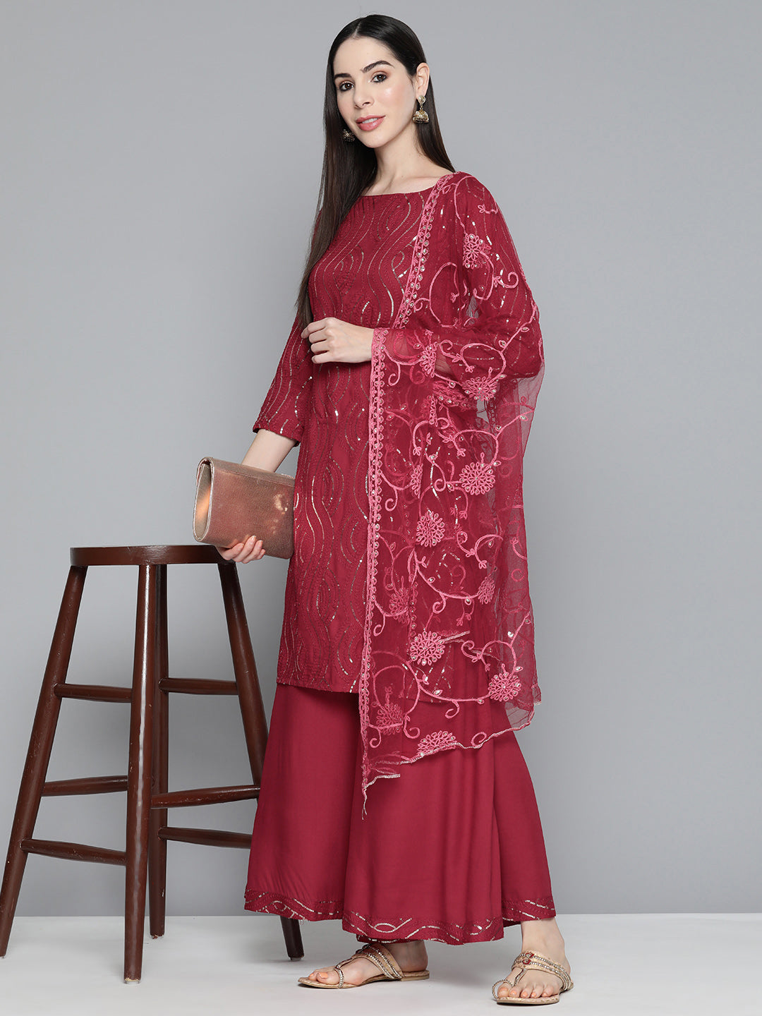Jompers Women's Maroon Leheriya Sequinned Kurta with Palazzos & With Dupatta