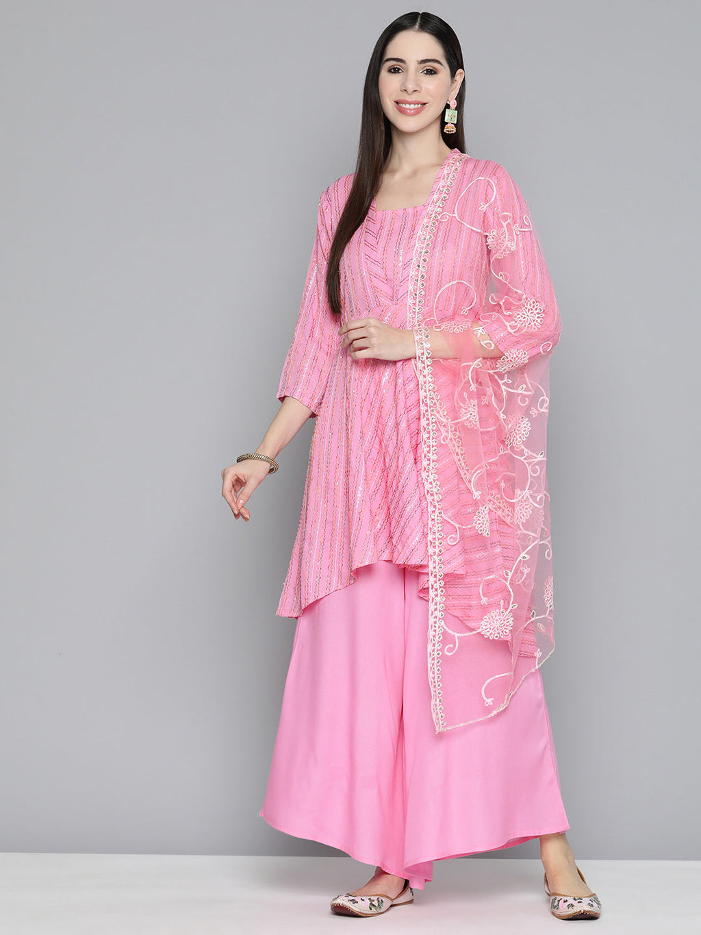 Jompers Women's Pink Sequinned Kurta with Palazzos & With Dupatta