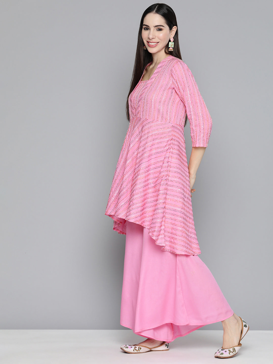 Jompers Women's Pink Sequinned Kurta with Palazzos & With Dupatta