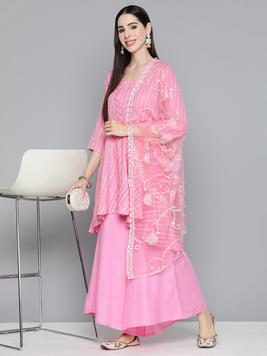 Jompers Women's Pink Sequinned Kurta with Palazzos & With Dupatta
