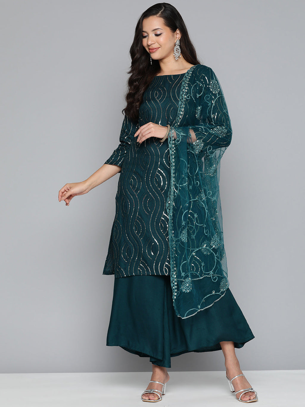 Jompers Women's Teal Leheriya Sequinned Kurta with Palazzos & With Dupatta