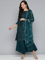 Jompers Women's Teal Leheriya Sequinned Kurta with Palazzos & With Dupatta