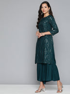 Jompers Women's Teal Leheriya Sequinned Kurta with Palazzos & With Dupatta