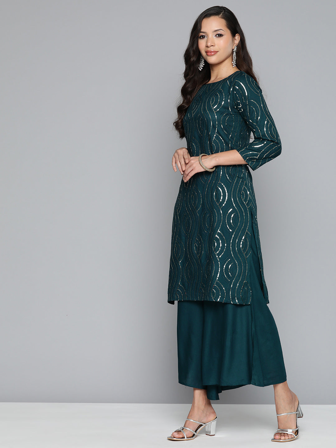 Jompers Women's Teal Leheriya Sequinned Kurta with Palazzos & With Dupatta
