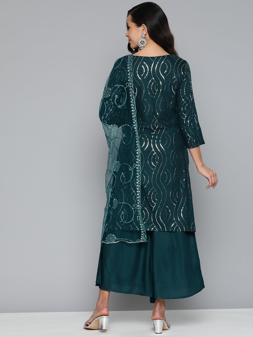 Jompers Women's Teal Leheriya Sequinned Kurta with Palazzos & With Dupatta