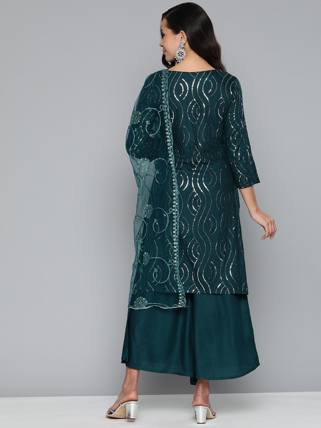 Jompers Women's Teal Leheriya Sequinned Kurta with Palazzos & With Dupatta