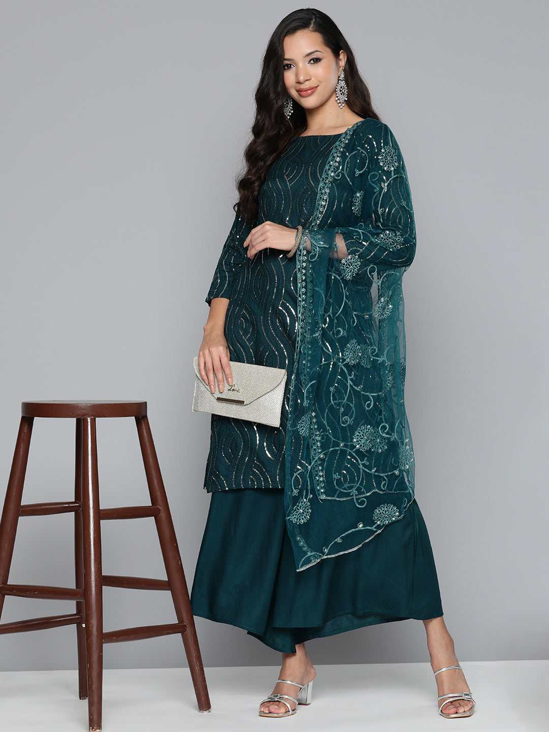 Jompers Women's Teal Leheriya Sequinned Kurta with Palazzos & With Dupatta