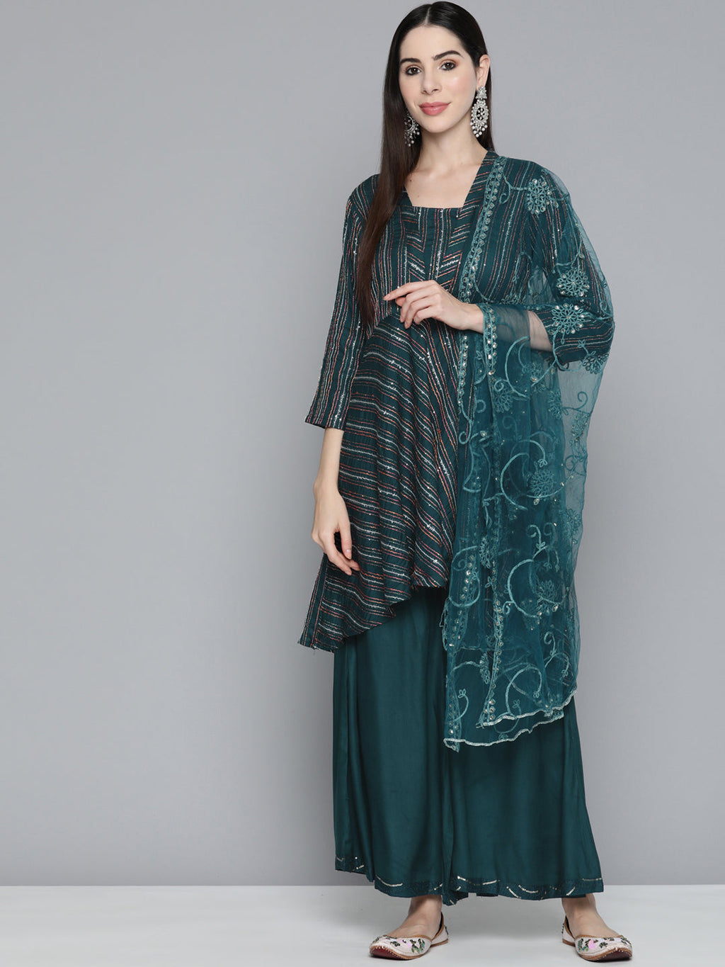 Jompers Women's Teal Sequinned Kurta with Palazzos & With Dupatta