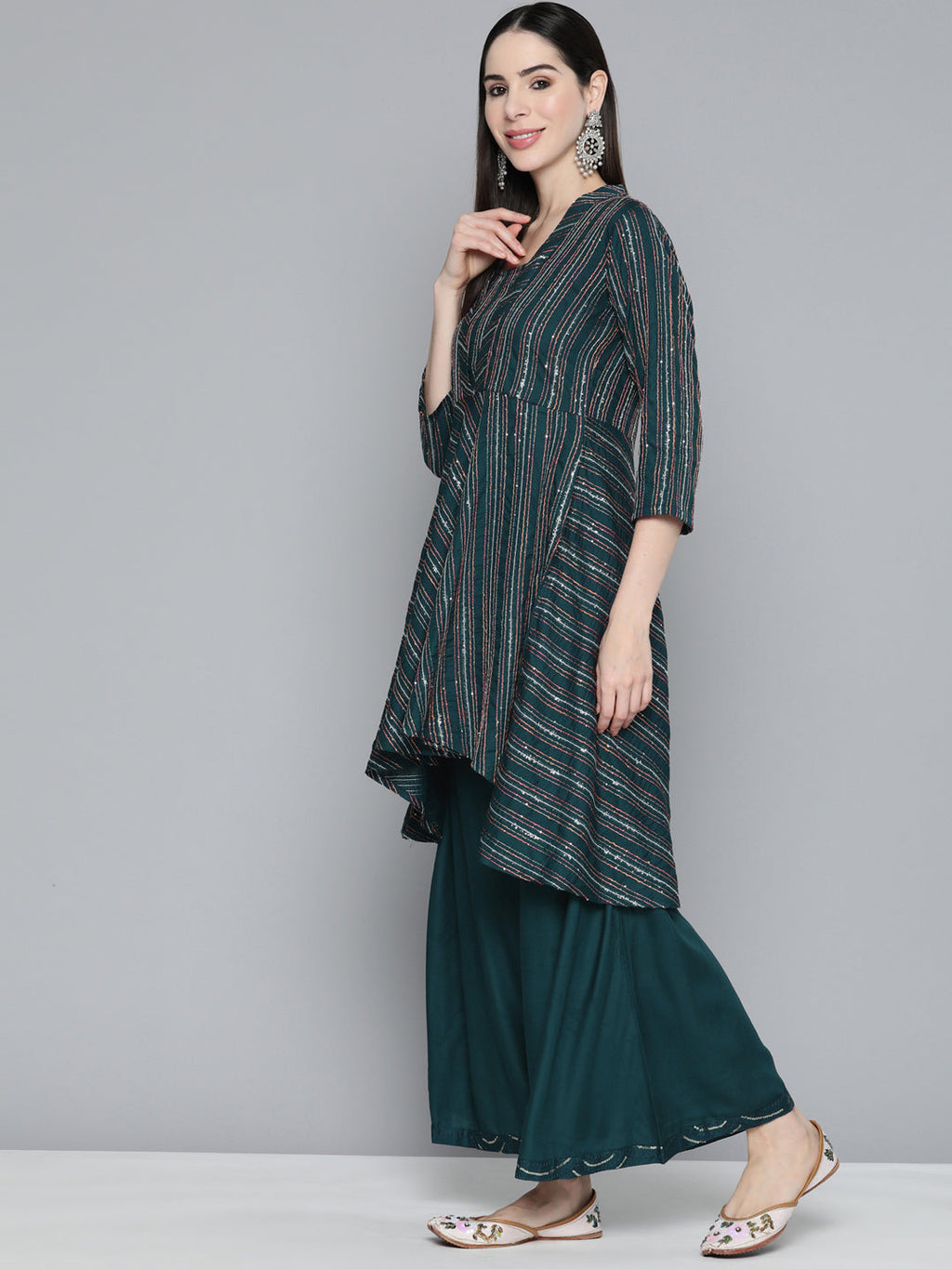 Jompers Women's Teal Sequinned Kurta with Palazzos & With Dupatta