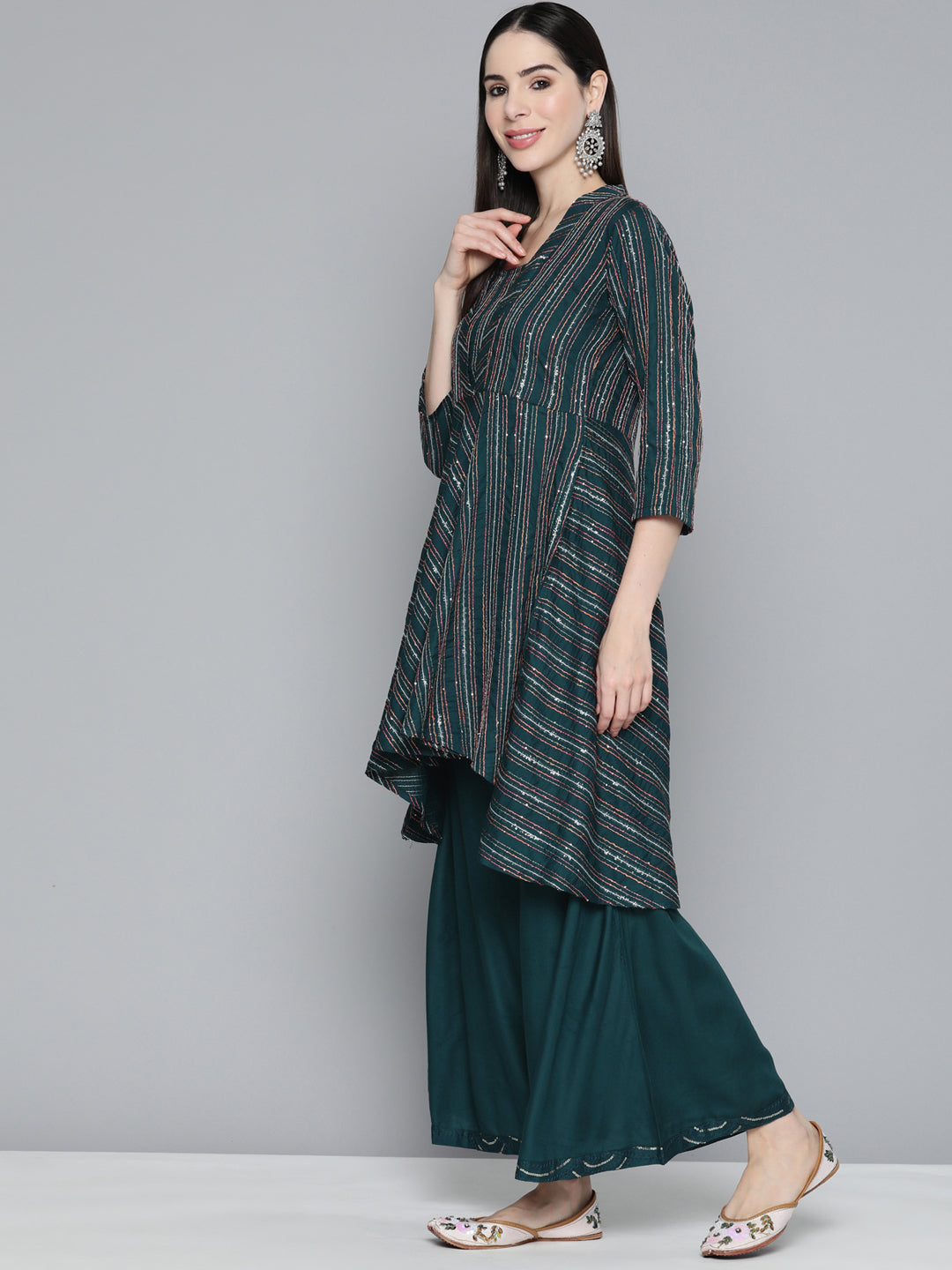 Jompers Women's Teal Sequinned Kurta with Palazzos & With Dupatta