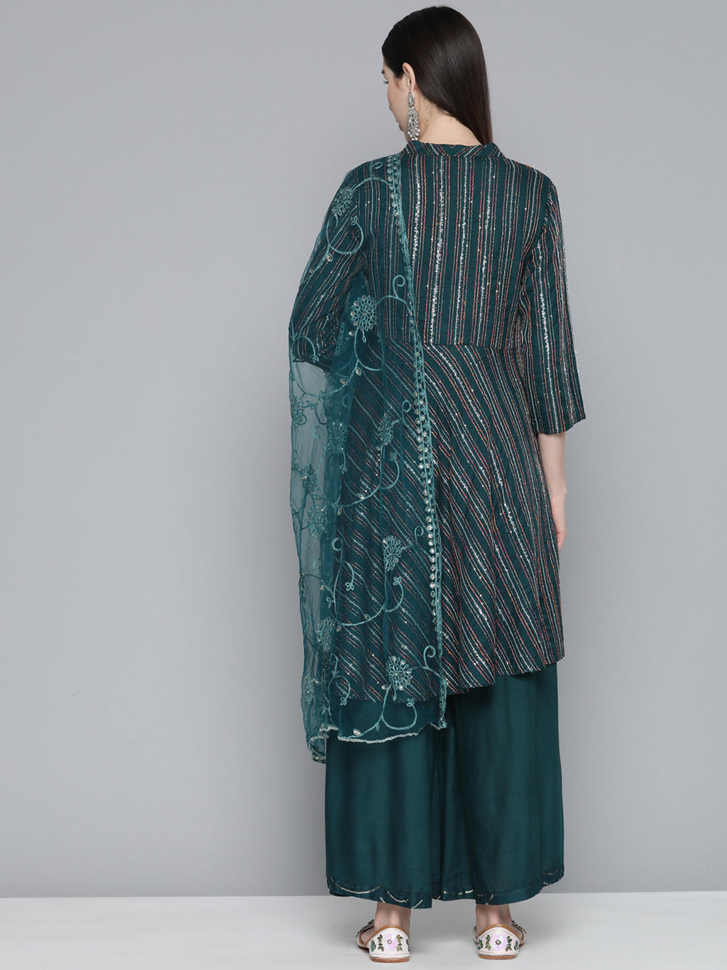 Jompers Women's Teal Sequinned Kurta with Palazzos & With Dupatta