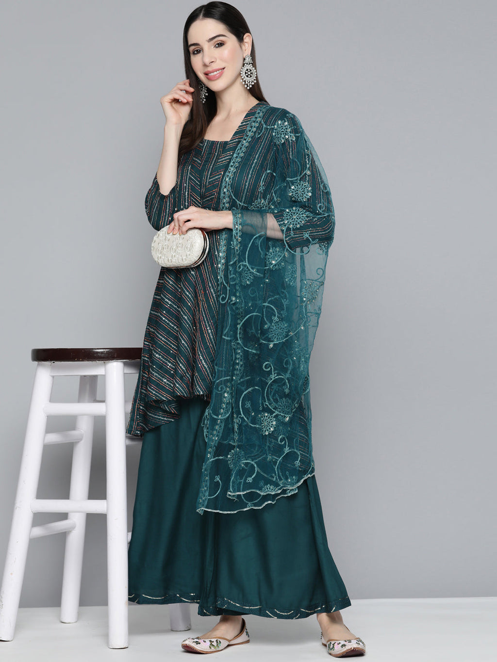 Jompers Women's Teal Sequinned Kurta with Palazzos & With Dupatta