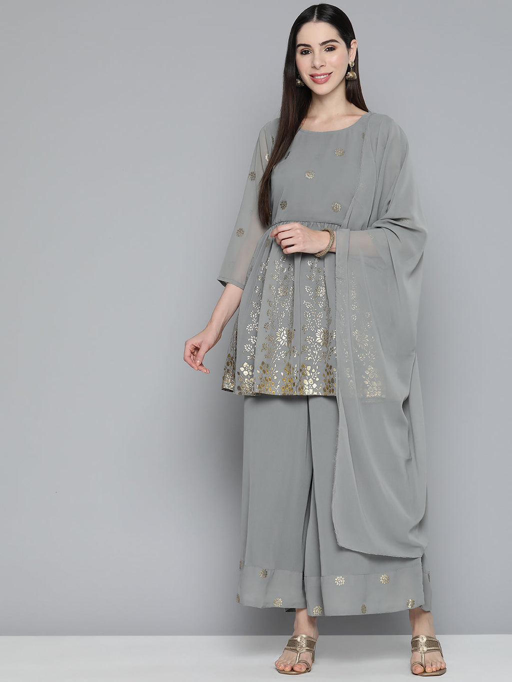 Jompers Women's Floral Printed Pleated Grey Georgette Kurta with Palazzos & With Dupatta