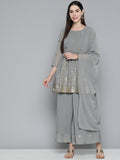 Jompers Women's Floral Printed Pleated Grey Georgette Kurta with Palazzos & With Dupatta