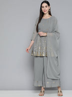 Jompers Women's Floral Printed Pleated Grey Georgette Kurta with Palazzos & With Dupatta