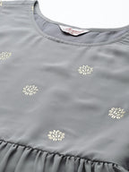 Jompers Women's Floral Printed Pleated Grey Georgette Kurta with Palazzos & With Dupatta