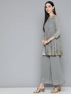 Jompers Women's Floral Printed Pleated Grey Georgette Kurta with Palazzos & With Dupatta