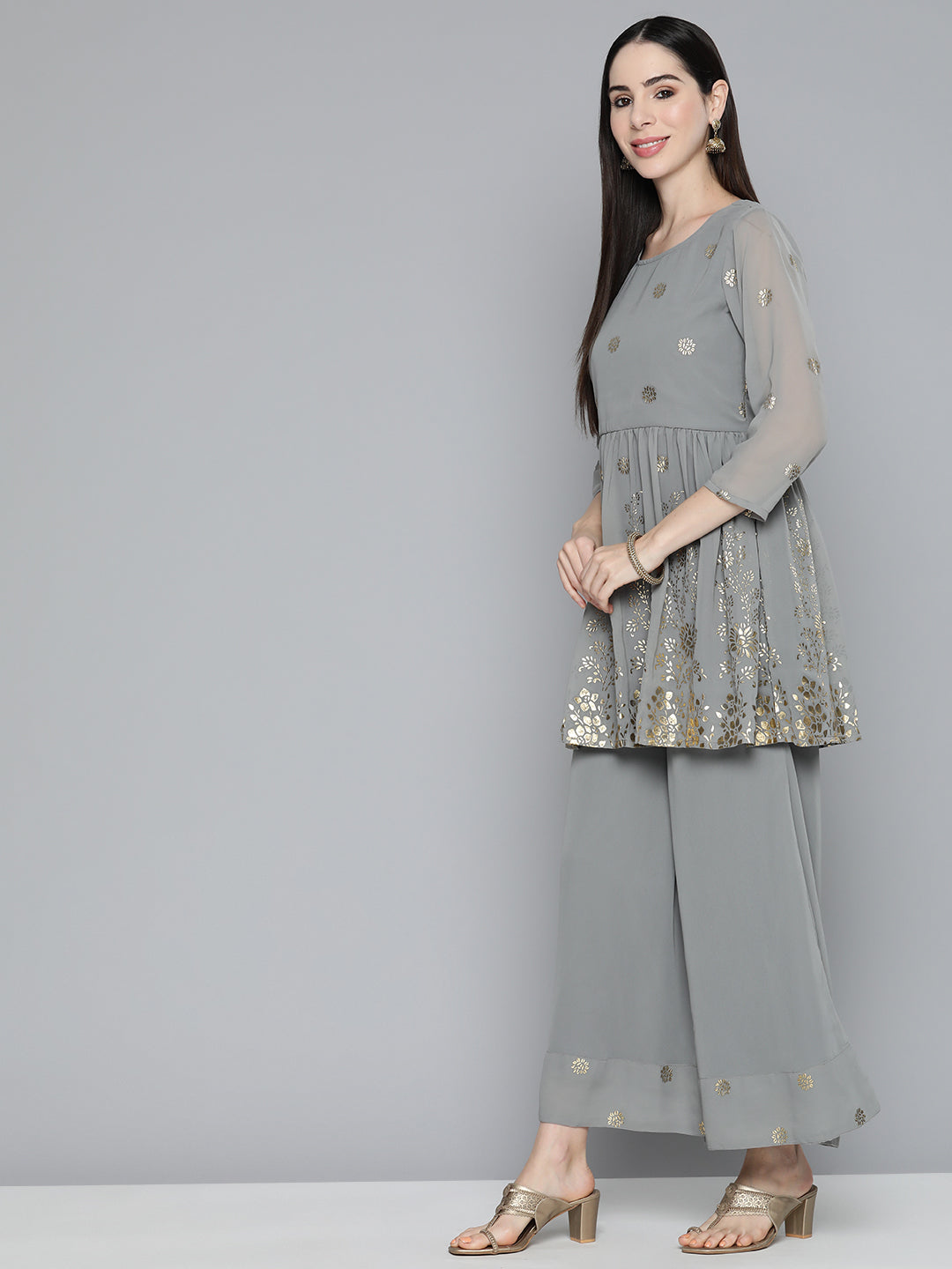 Jompers Women's Floral Printed Pleated Grey Georgette Kurta with Palazzos & With Dupatta