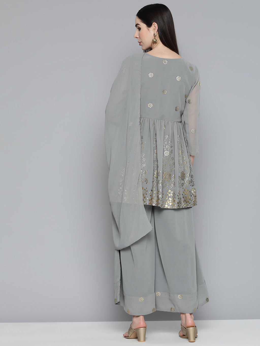 Jompers Women's Floral Printed Pleated Grey Georgette Kurta with Palazzos & With Dupatta
