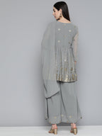 Jompers Women's Floral Printed Pleated Grey Georgette Kurta with Palazzos & With Dupatta
