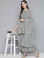 Jompers Women's Floral Printed Pleated Grey Georgette Kurta with Palazzos & With Dupatta