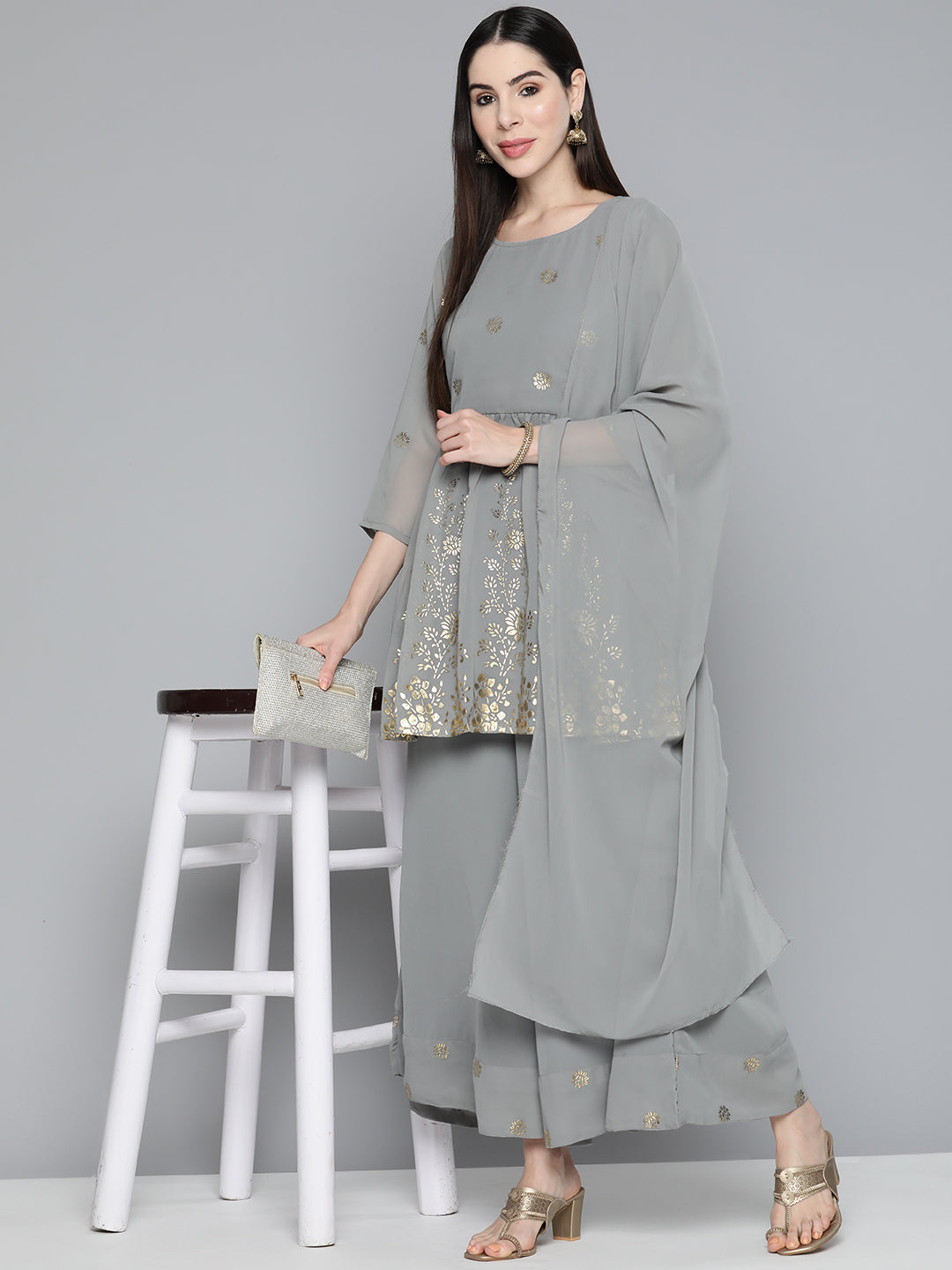 Jompers Women's Floral Printed Pleated Grey Georgette Kurta with Palazzos & With Dupatta
