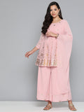 Jompers Women's Floral Printed Pleated Pink Georgette Kurta with Palazzos & With Dupatta