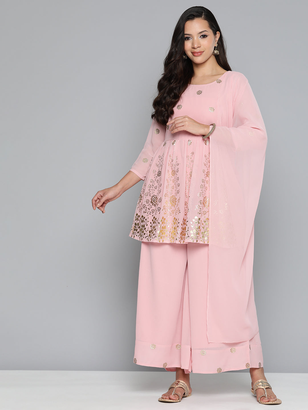 Jompers Women's Floral Printed Pleated Pink Georgette Kurta with Palazzos & With Dupatta