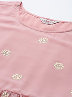 Jompers Women's Floral Printed Pleated Pink Georgette Kurta with Palazzos & With Dupatta
