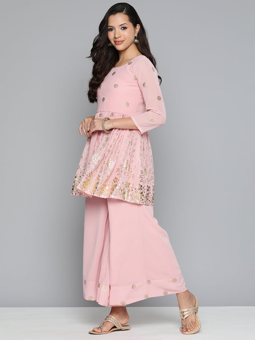 Jompers Women's Floral Printed Pleated Pink Georgette Kurta with Palazzos & With Dupatta