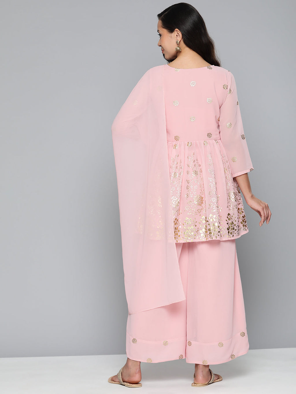 Jompers Women's Floral Printed Pleated Pink Georgette Kurta with Palazzos & With Dupatta