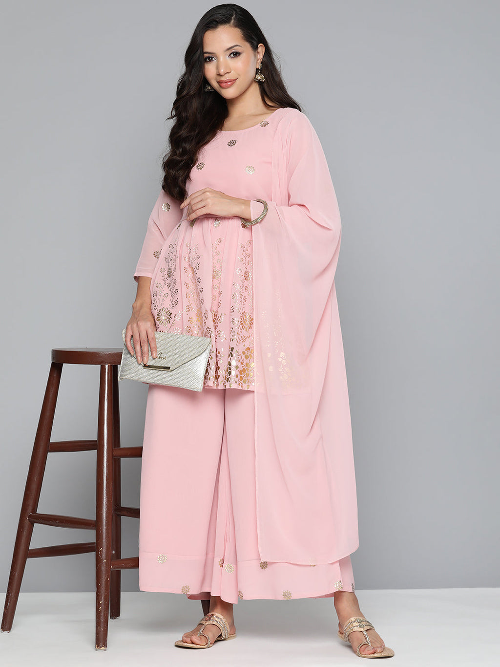 Jompers Women's Floral Printed Pleated Pink Georgette Kurta with Palazzos & With Dupatta