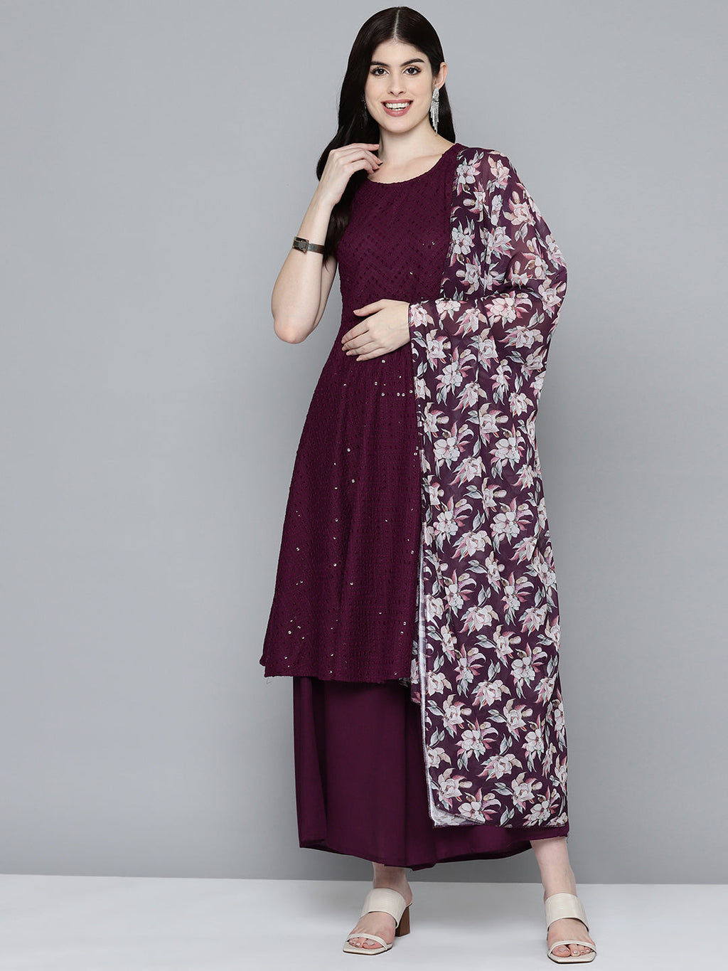 Jompers Women's Embroidered Sequinned Kurta & Palazzos With Dupatta - Purple